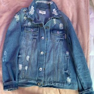 Buckle light wash jean jacket with rips